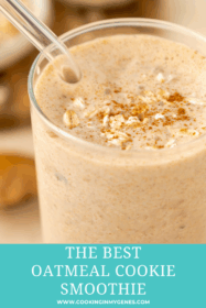 oatmeal cookie smoothie in clear glass with a straw