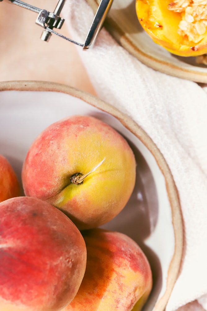 Grilled Peaches with Oat Crumble & Vanilla Ice Cream