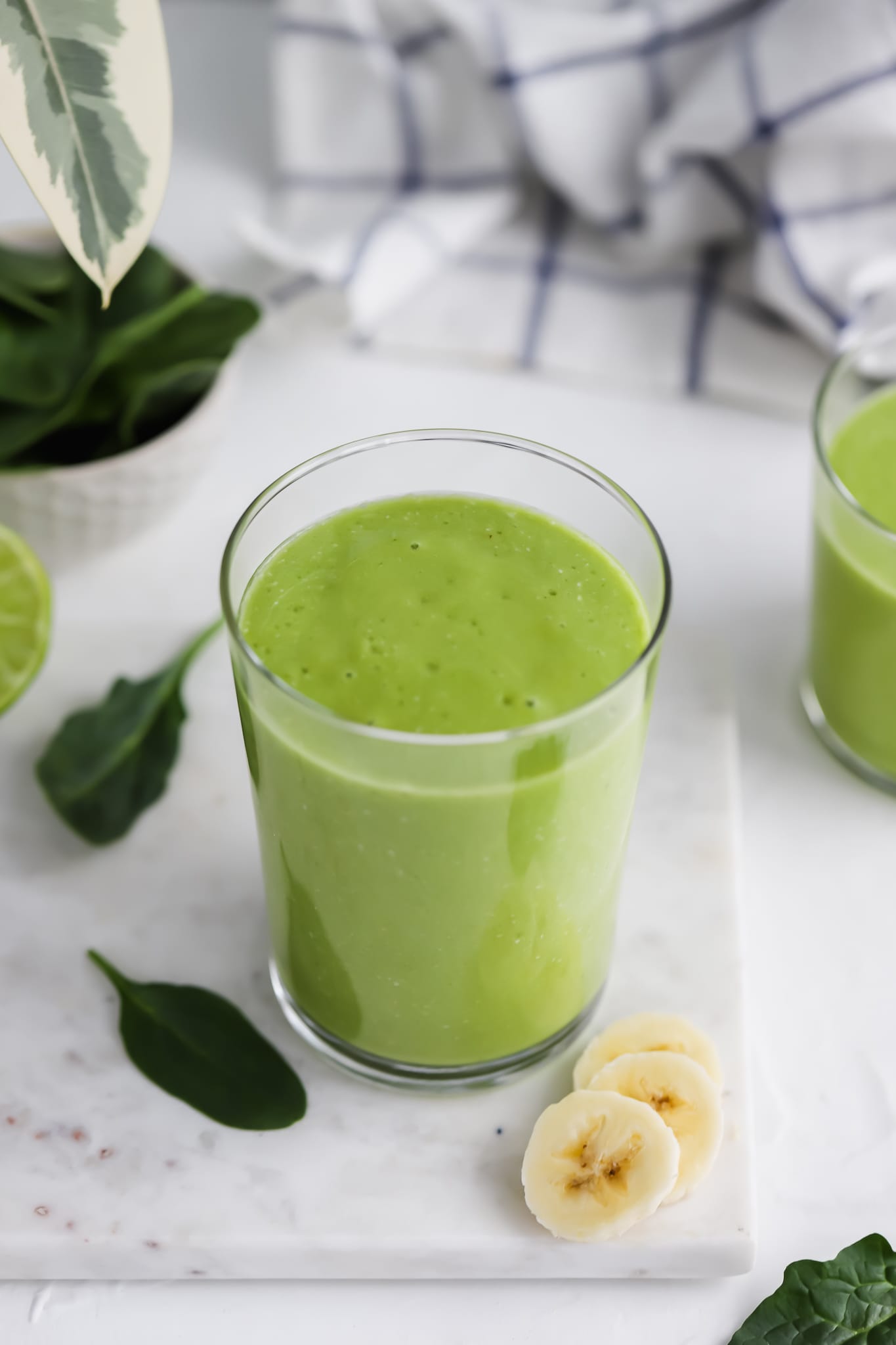 angled shot of green tropical smoothie