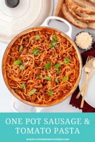 overhead shot of one pot spicy sausage pasta