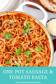 overhead shot of one pot spicy sausage pasta