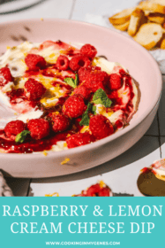 side view of bowl with cream cheese, raspberries