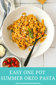 vegetable orzo in a white bowl with a spoon