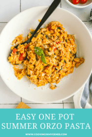 vegetable orzo in a white bowl with a spoon