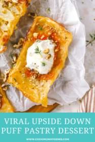 upside down apricot puff pastry tart topped with whipped cream, walnuts and thyme