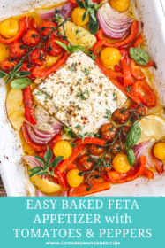 baked feta in a pan with summer vegetables