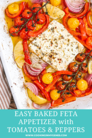 baked feta in a pan with summer vegetables
