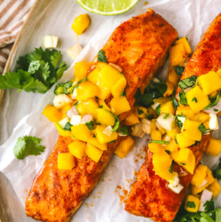 closeup of chili lime baked salmon on a tray