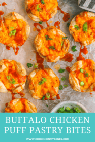 buffalo chicken bites on a serving tray drizzled with buffalo sauce