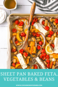overhead photo of sheet pan dinner with feta with a serving spoon