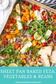 overhead photo of sheet pan dinner with feta and vegetables