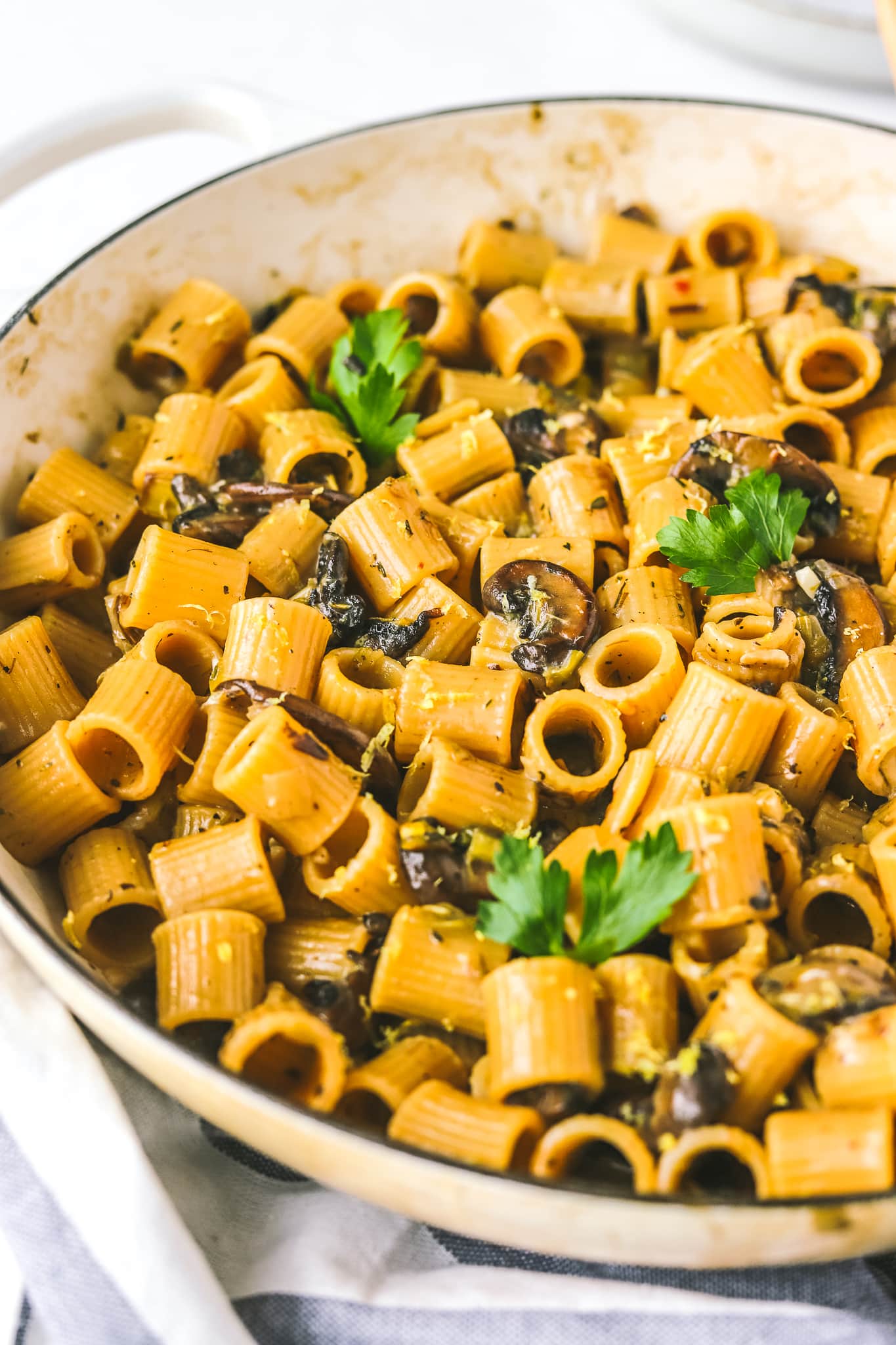 angled shot of mushroom leek pasta in a pot