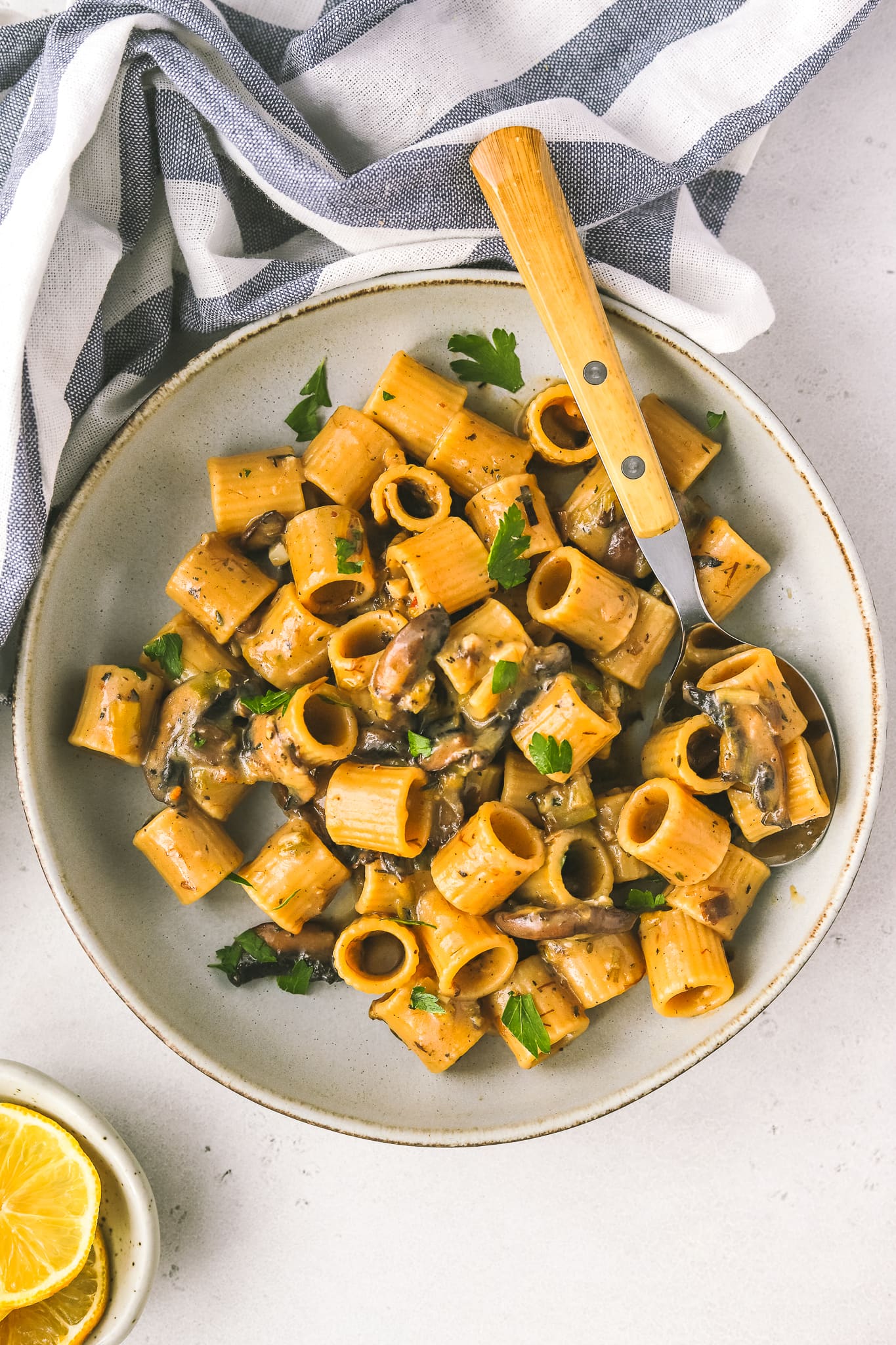 overhead shot of mushroom leek pasta in a bowl