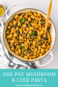 overhead shot of mushroom leek pasta in a large pot
