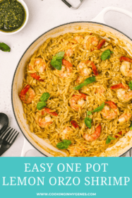 one pot with cooked orzo and shrimp