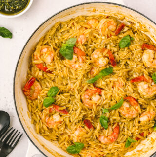 one pot with cooked orzo and shrimp