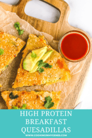 one slice of breakfast quesadilla with hot sauce