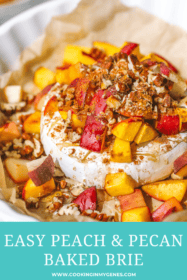 close up of peach pecan baked brie