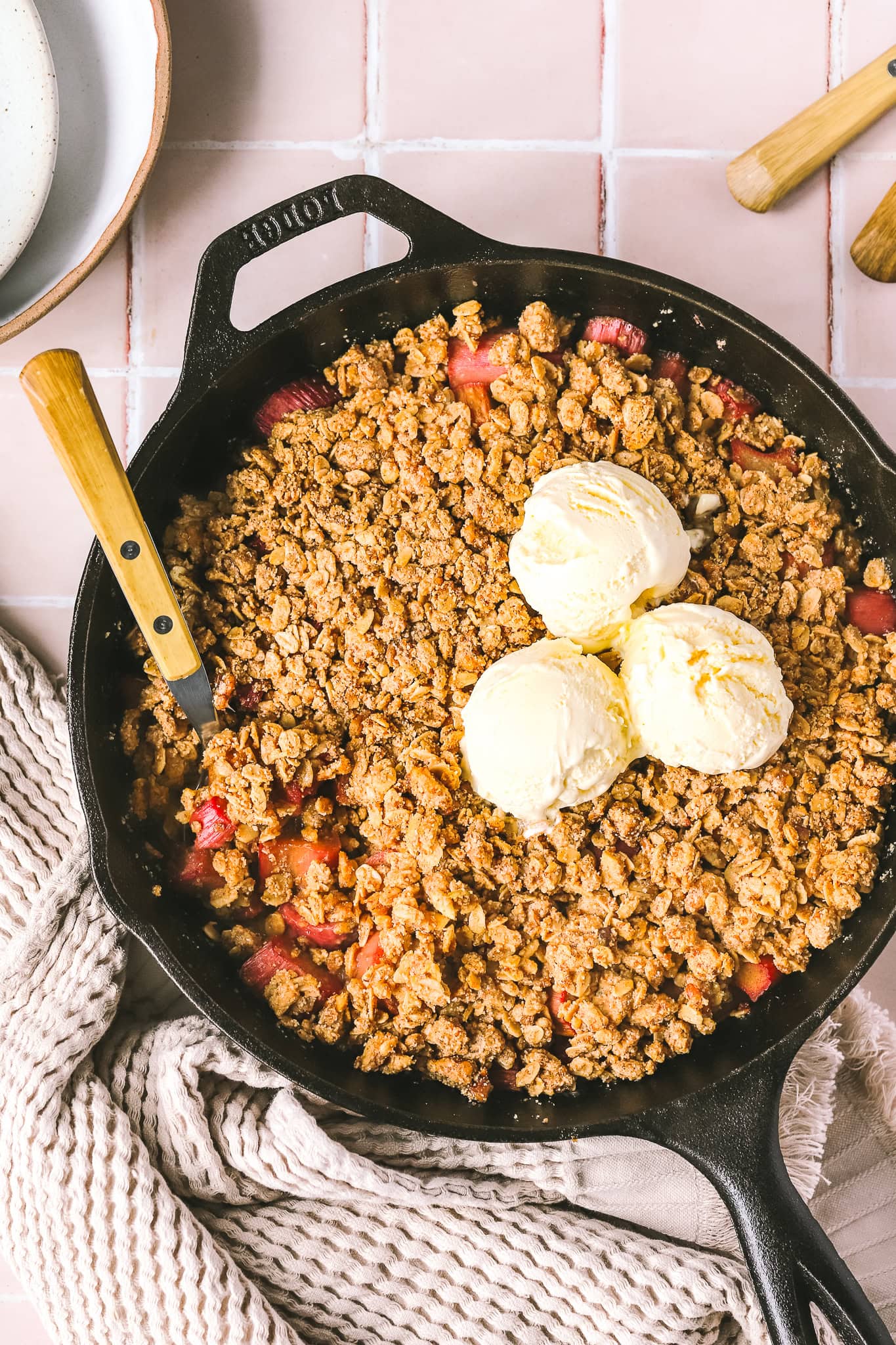 rhubarb crisp in a cast iron pan