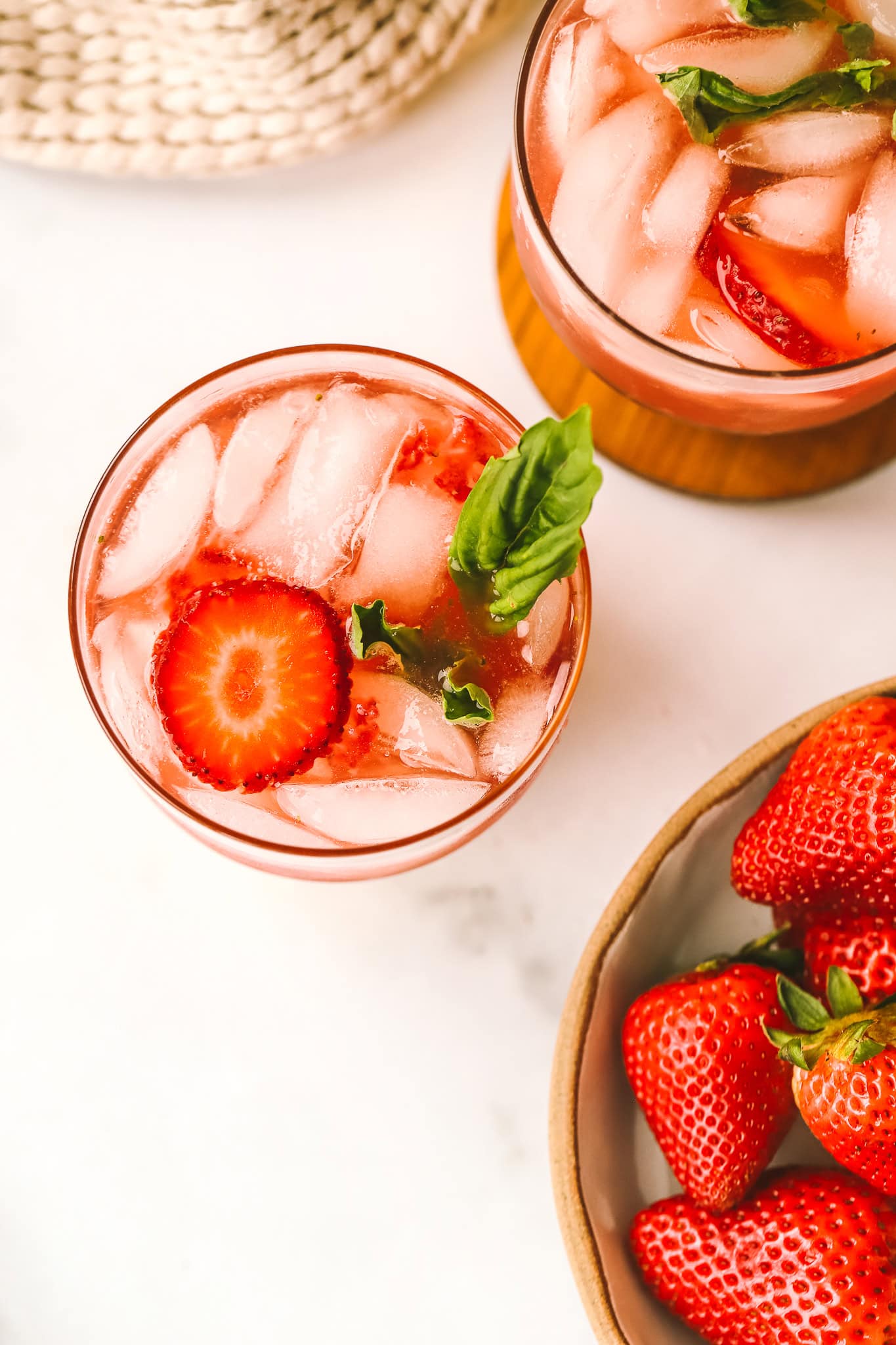 overhead shot of strawberry bourbon cocktail
