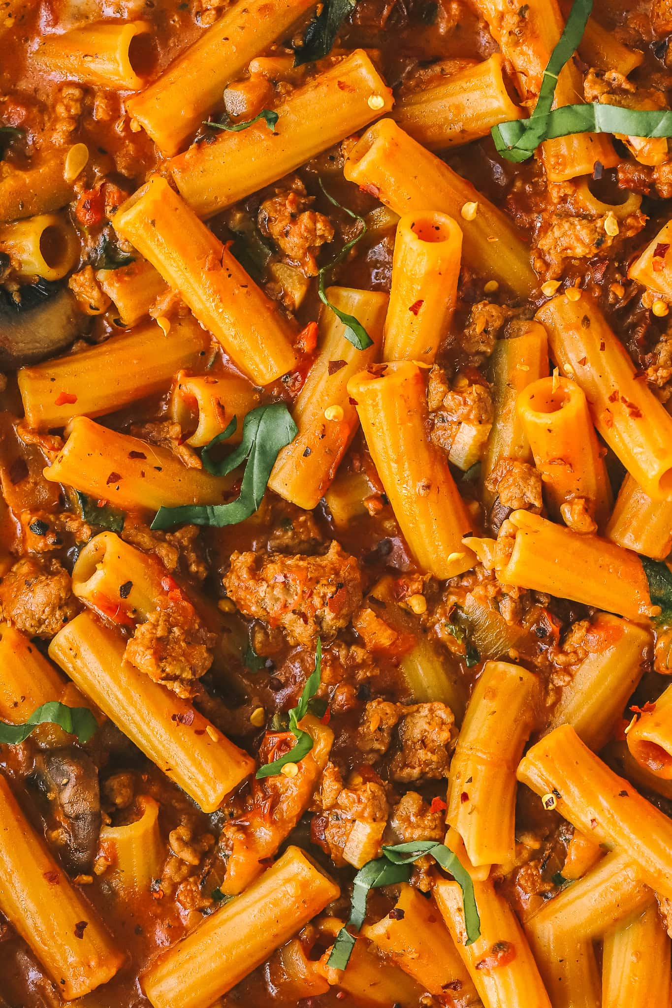 close up of ground turkey pasta in one pot