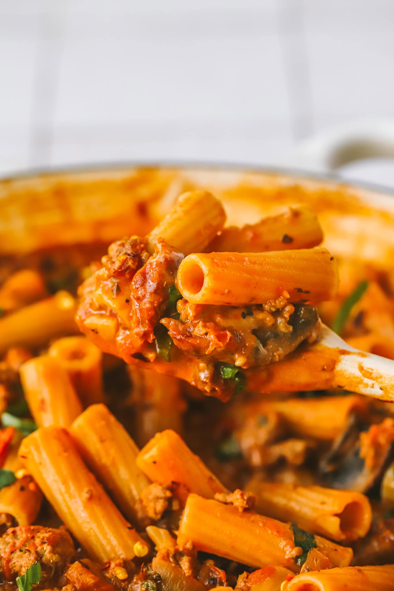 ground turkey pasta on a spoon