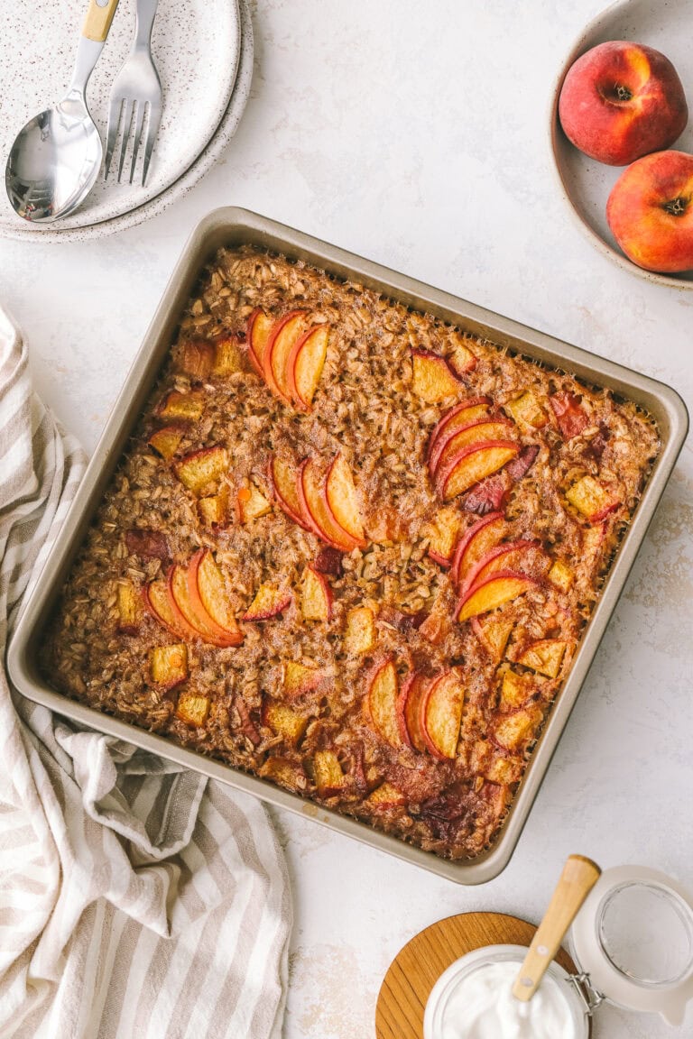 peach baked oatmeal in a baking dish