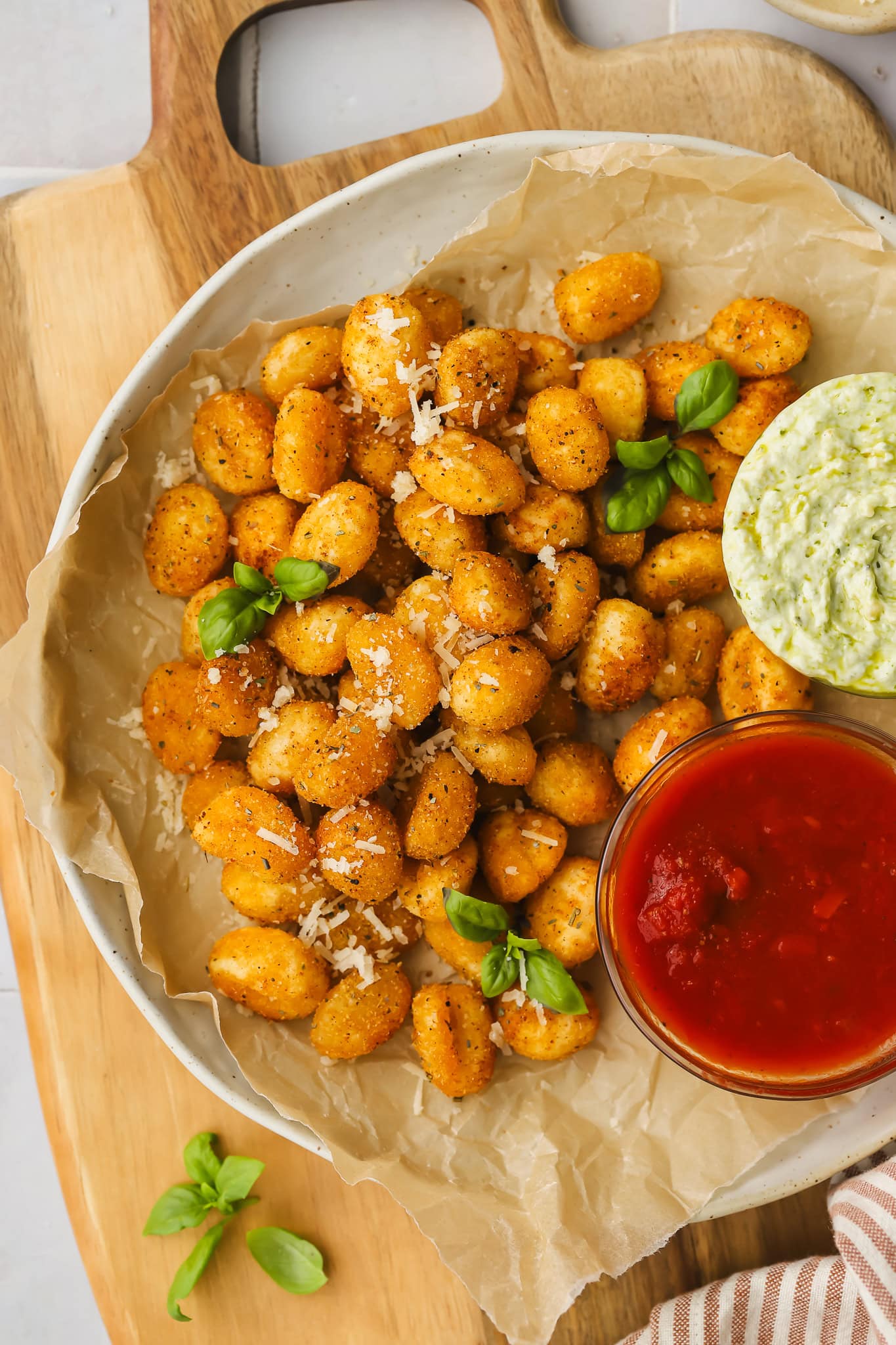 crispy gnocchi with two sauces in a bowl