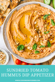 sundried tomato white bean hummus in a serving bowl
