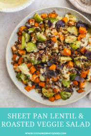 overhead of warm lentil salad in a bowl