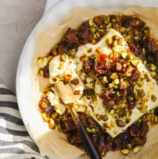 overhead of baked feta with dates