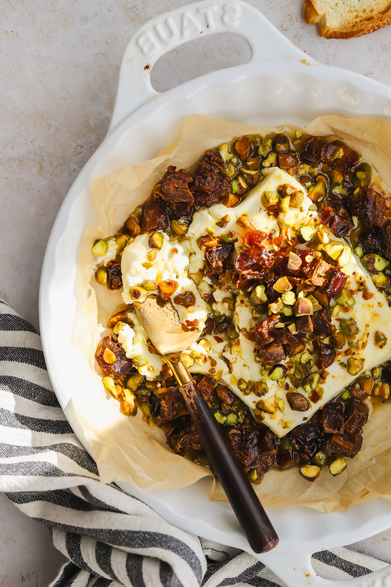 overhead of baked feta with dates