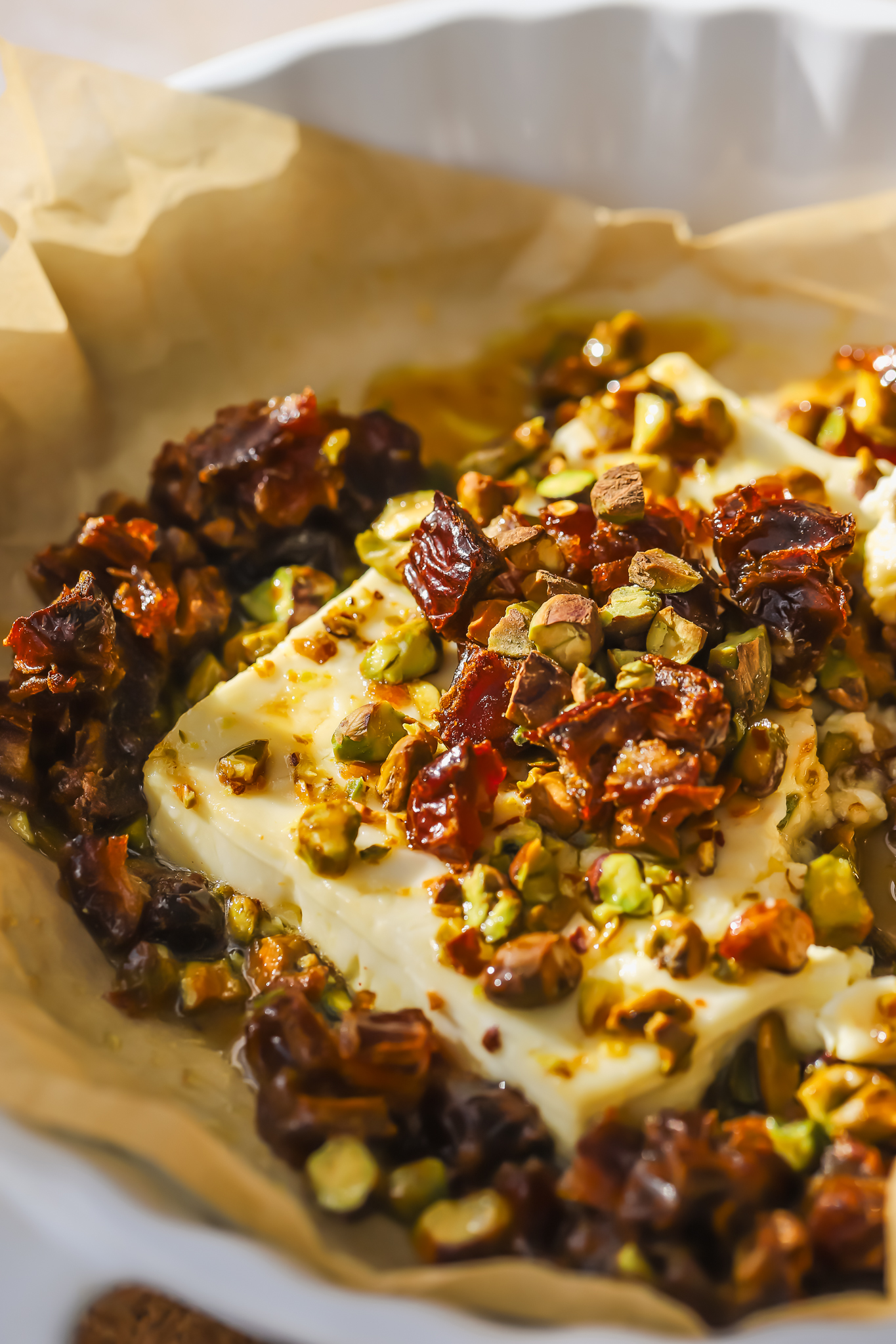 angled shot of baked feta