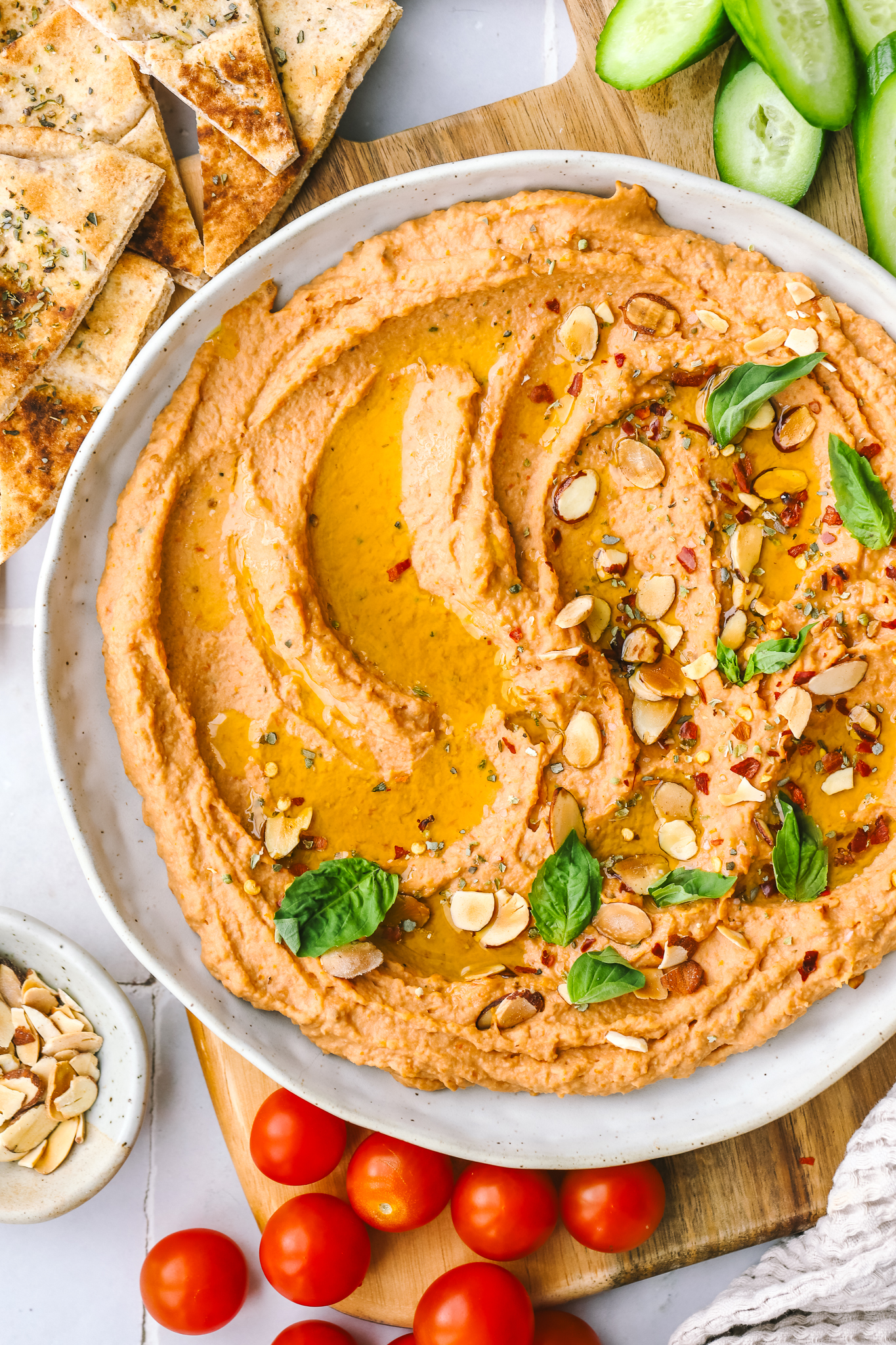 sundried tomato white bean hummus in a serving bowl