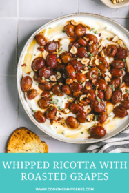 overhead of whipped ricotta with roasted grapes and crostini