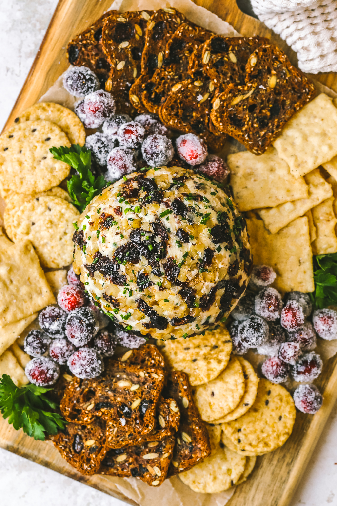 overhead of cranberry walnut cheese ball