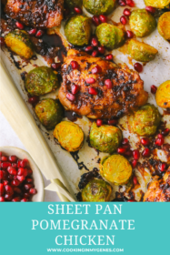 pomegranate chicken dinner on a sheet pan