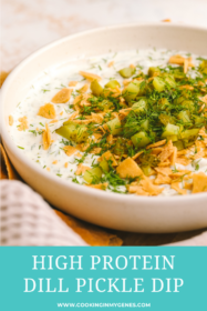 side angle high protein dill pickle dip in a bowl