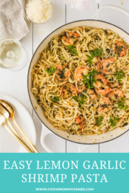 lemon garlic shrimp pasta in a large skillet