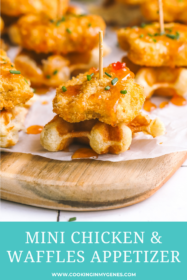 mini chicken & waffles appetizer with hot honey on a serving board