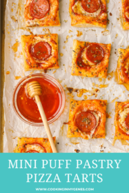 hot honey in a bowl with pepperoni pizza tarts on a tray