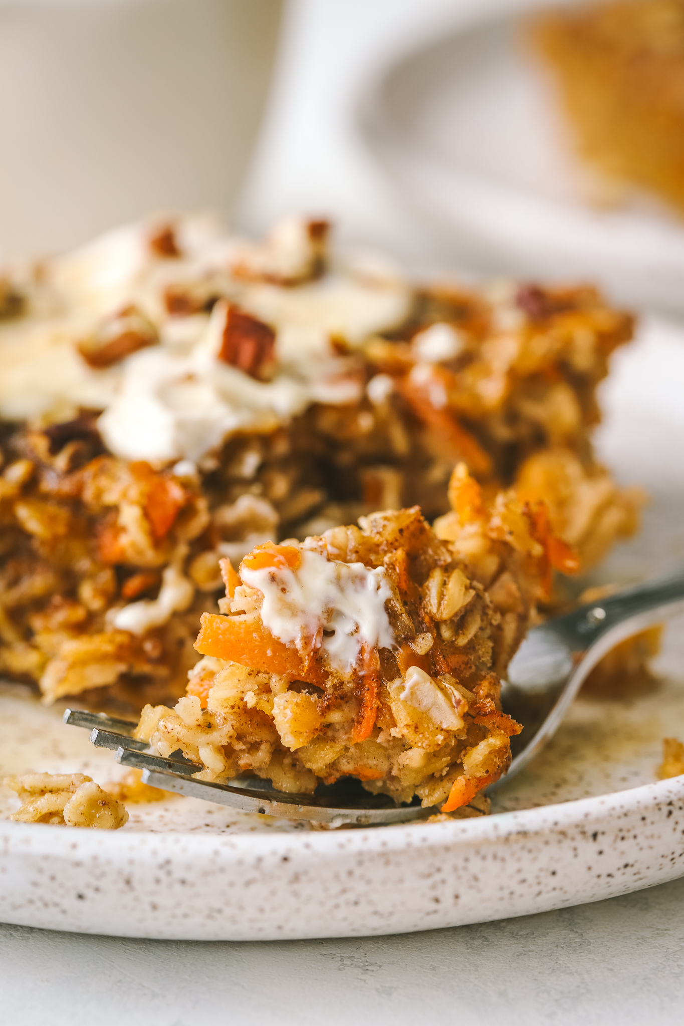 close up of baked oats on a fork