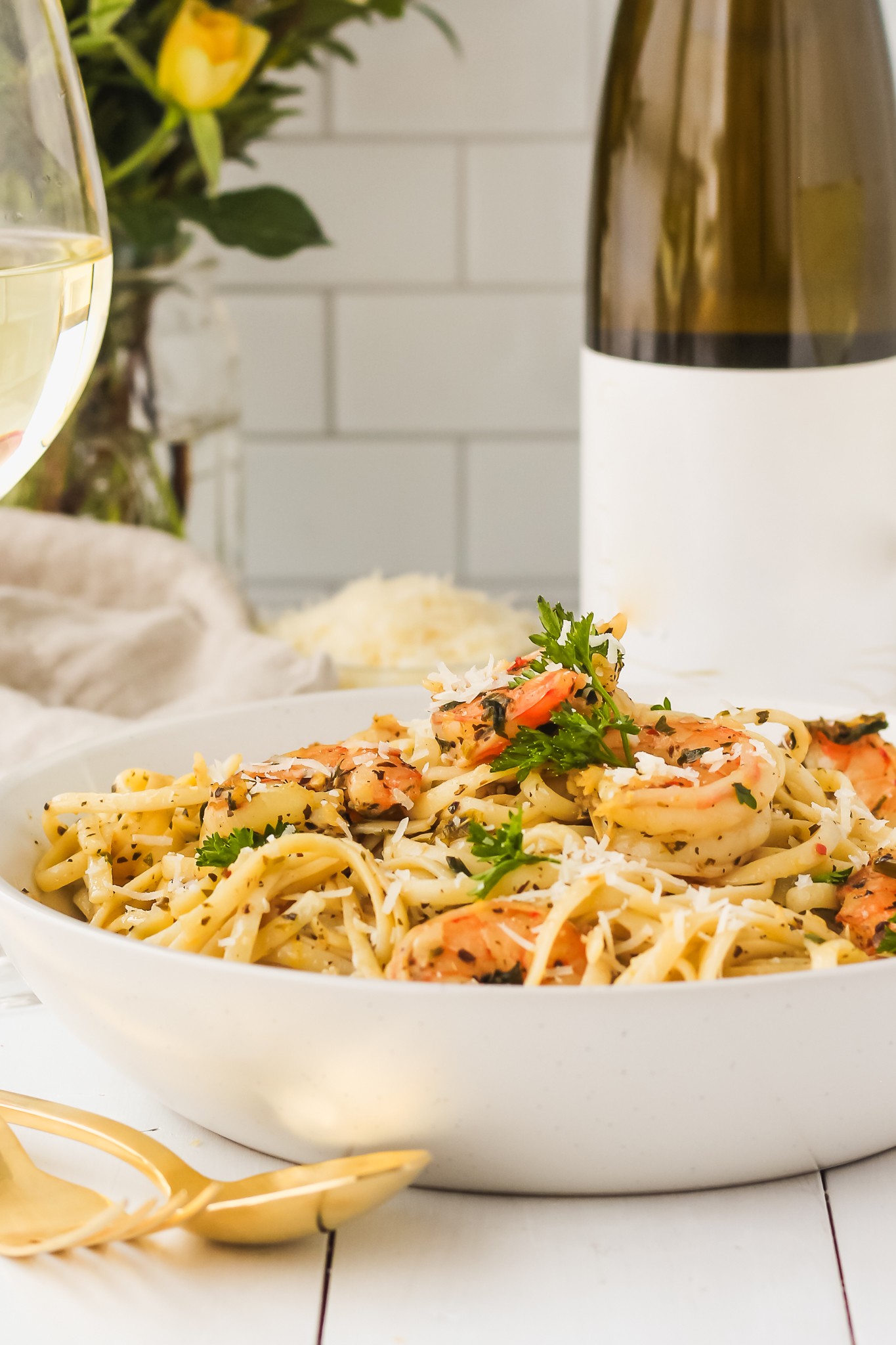 side angle of shrimp pasta in bowl