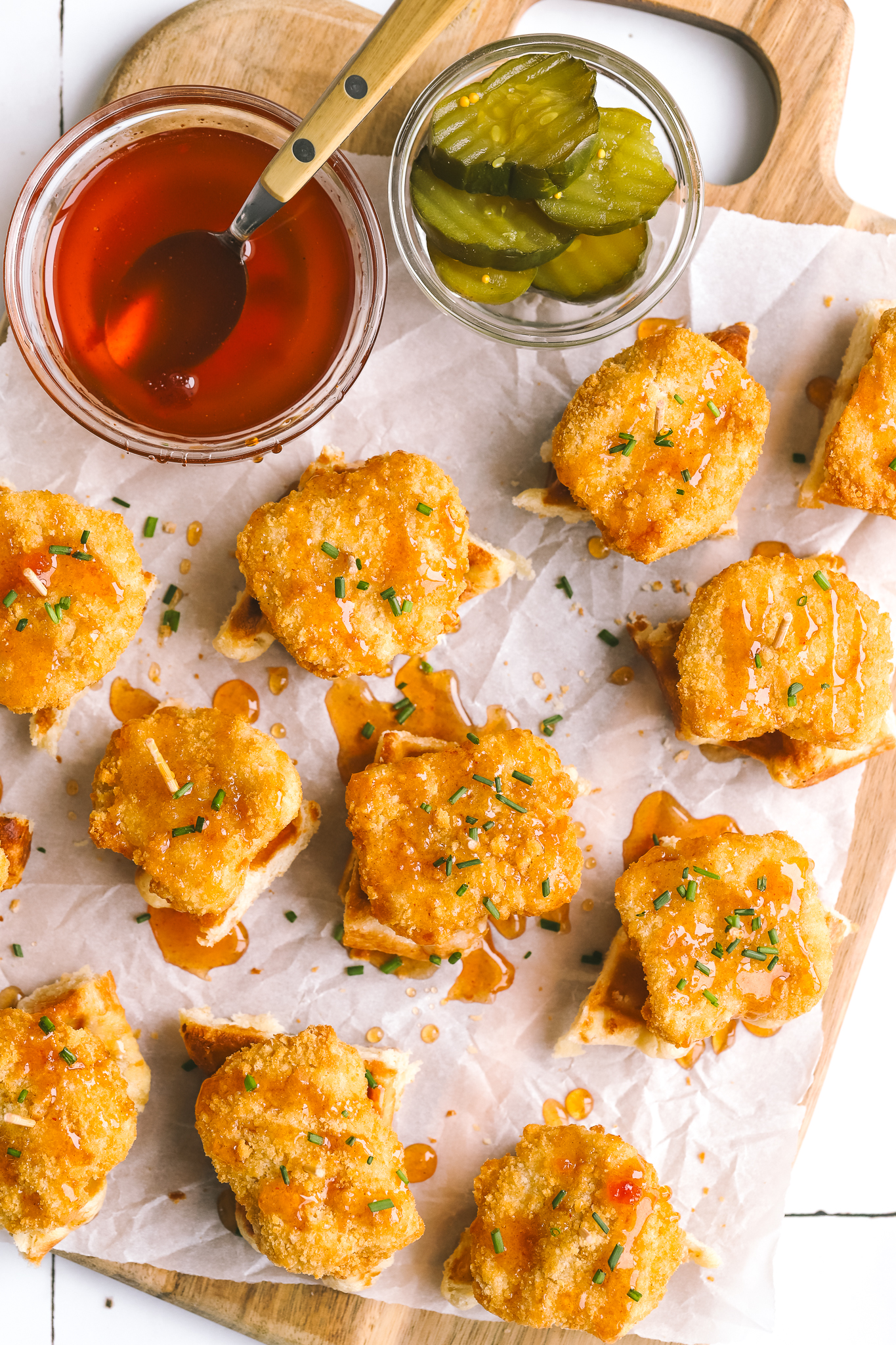 overhead of chicken and waffles