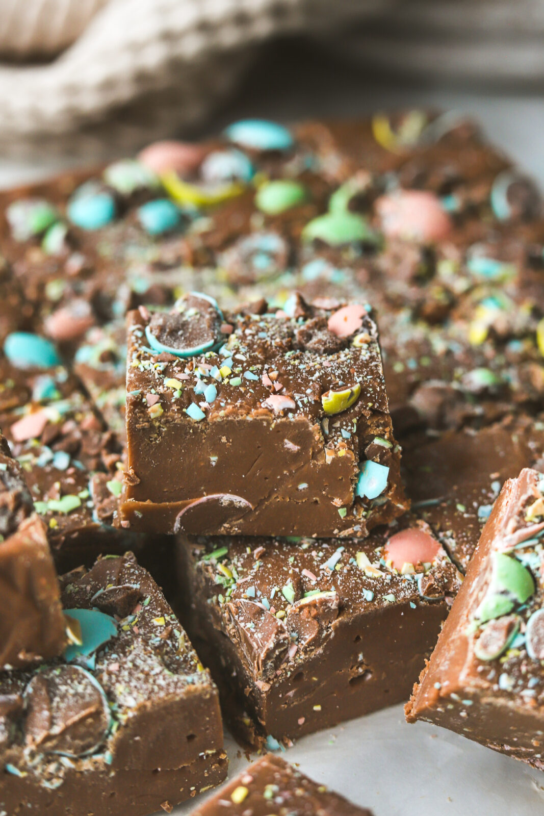 piece of chocolate fudge with mini eggs