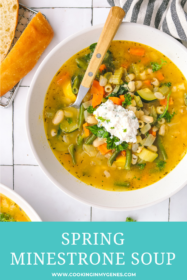 Spring minestrone soup in a bowl topped with basil-lemon ricotta