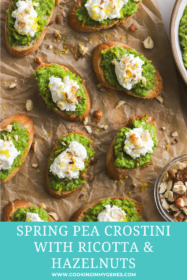 overhead photo of Spring pea crostini on a serving board