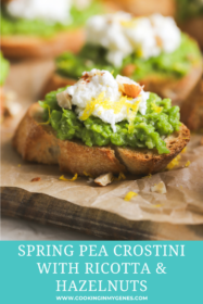 Spring pea crostini on a serving board
