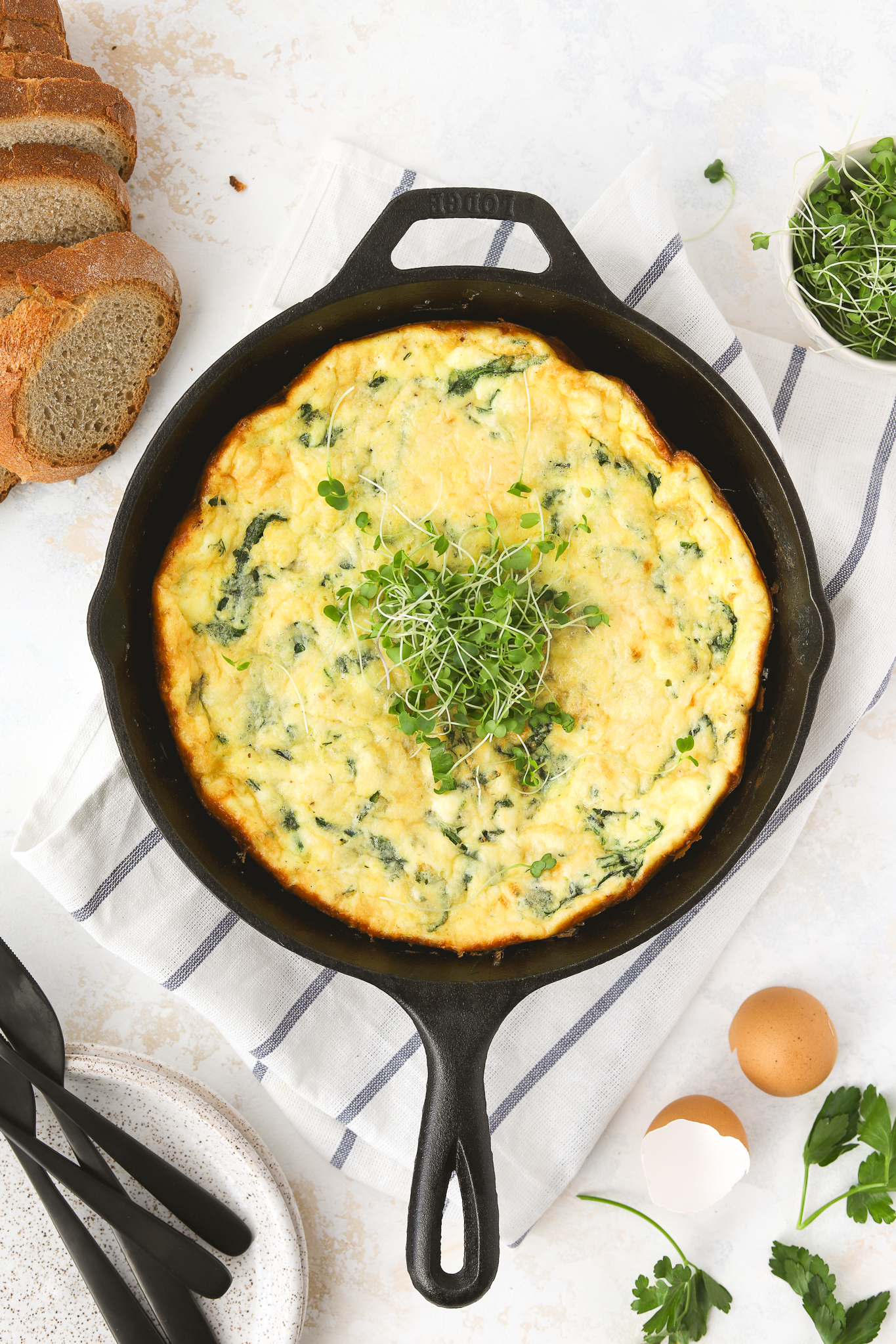 Spring frittata in a cast iron pan