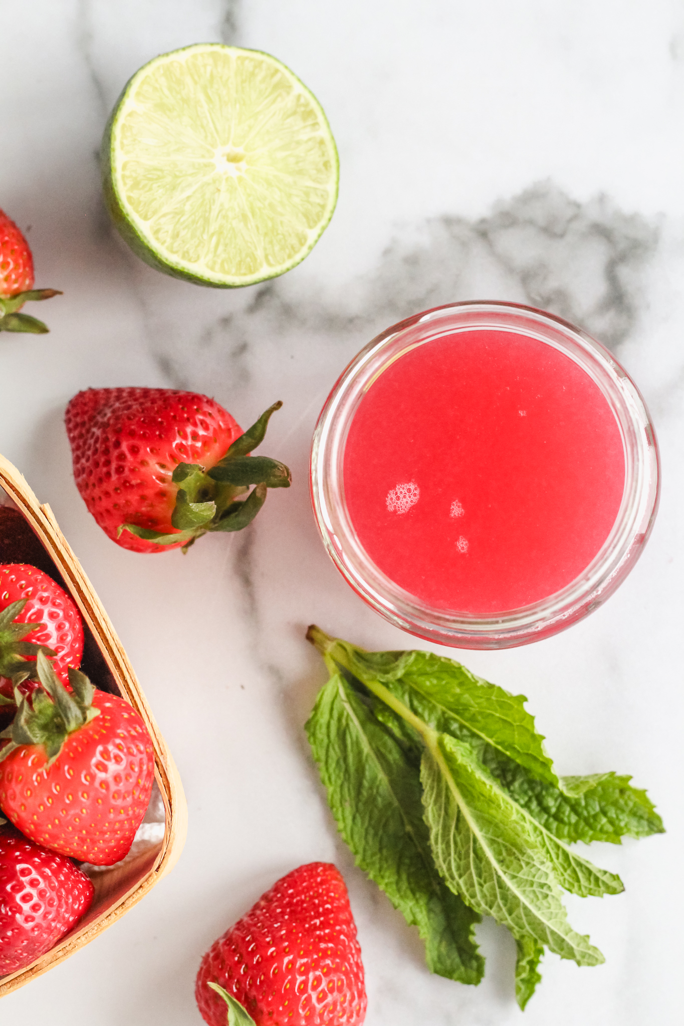 rhubarb simple syrup, fresh strawberries, fresh mint, fresh lime